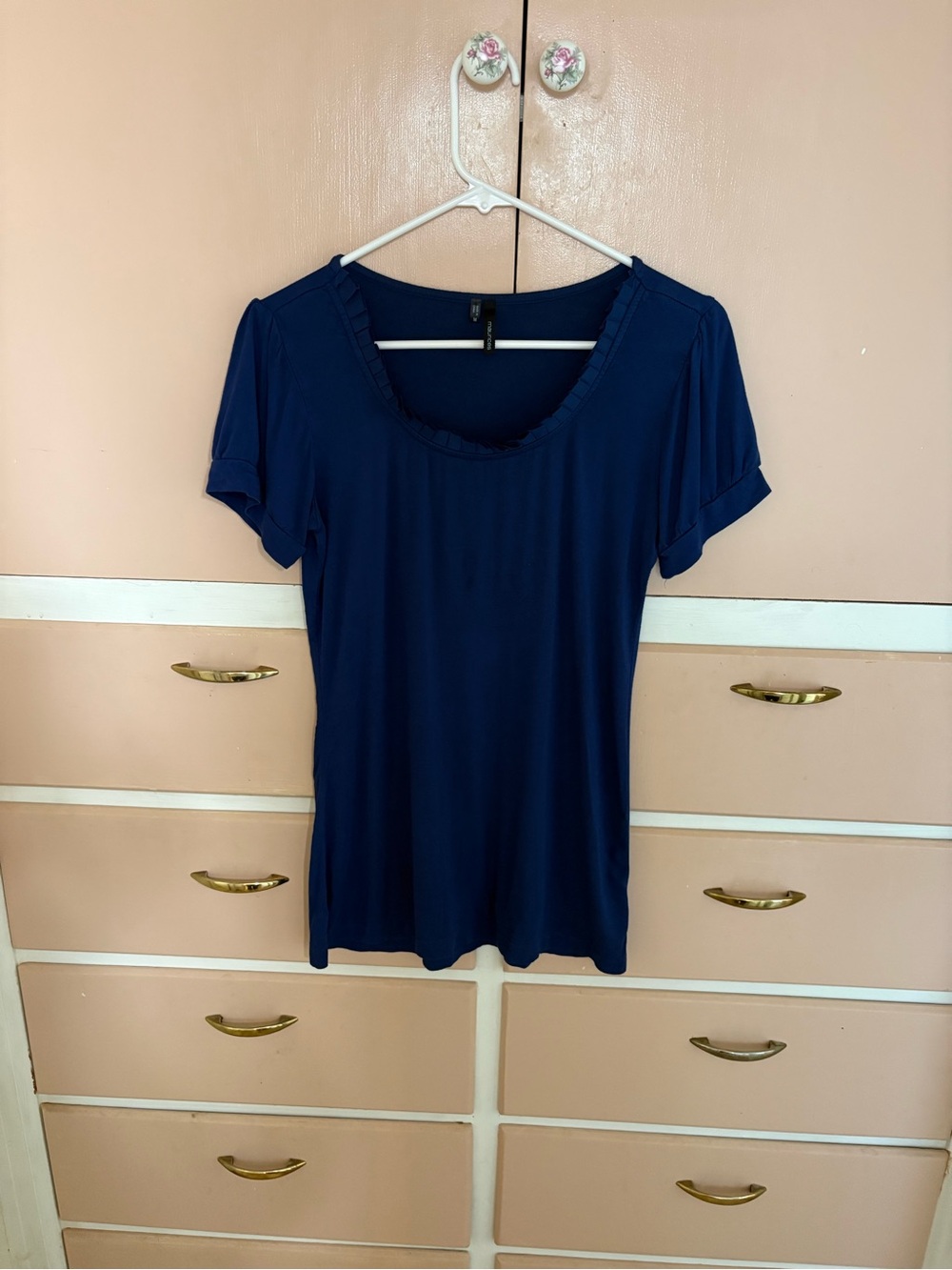 Maurices Navy Short Sleeve Scoop Ruffle Neck Top